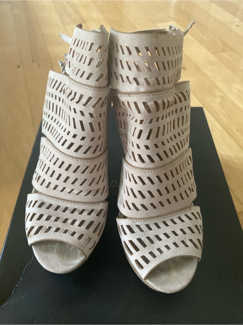 Charles By Charles David Beige Laser-Cut Peep-Toe Wedge Booties